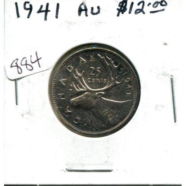 1941 Canadian Silver 25 Cents. World War II issue. AU-50. Lustrous with Toning.