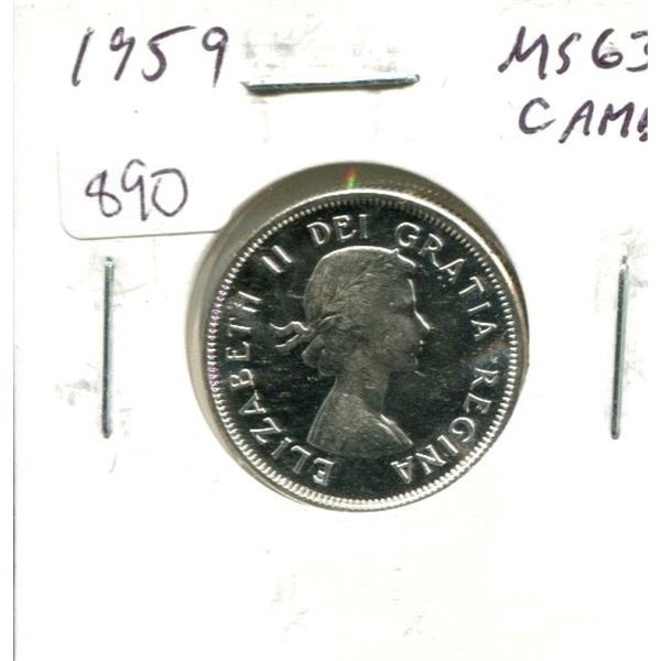 1959 Canadian Silver 25 Cents. MS-63. Cameo. Nice.