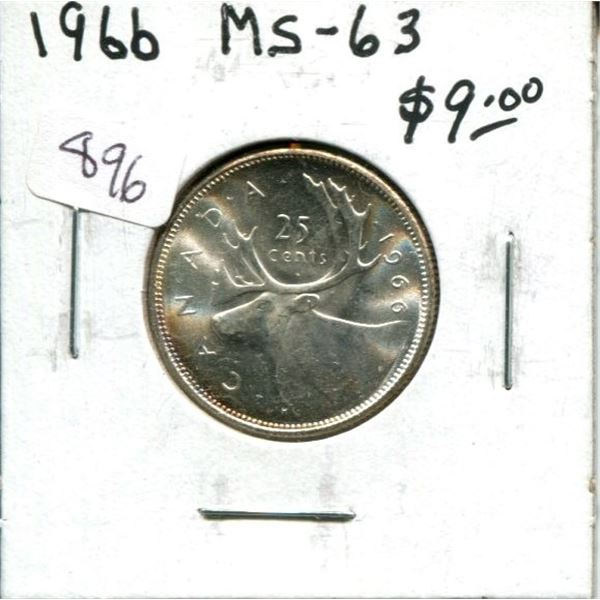 1966 Canadian Silver 25 Cents. MS-63. Nice.