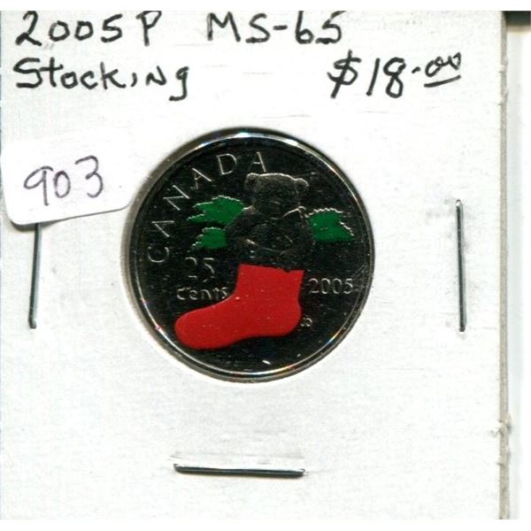 2005P Teddy Bear in Christmas Stocking Coloured 25 Cents. MS-65. Nice.