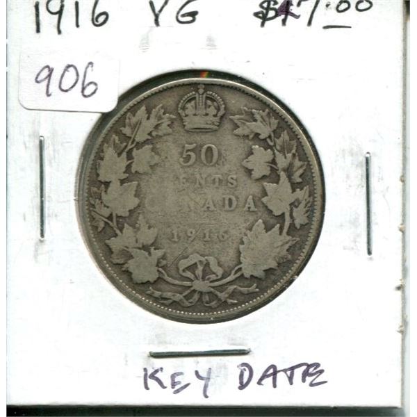 1916 Canadian Silver 50 cents. Key Date. Mintage of 459,070. VG-8.