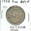 Image 1 : 1938 Canadian Silver 50 Cents. Key Date. Mintage of 192,018. F-12.