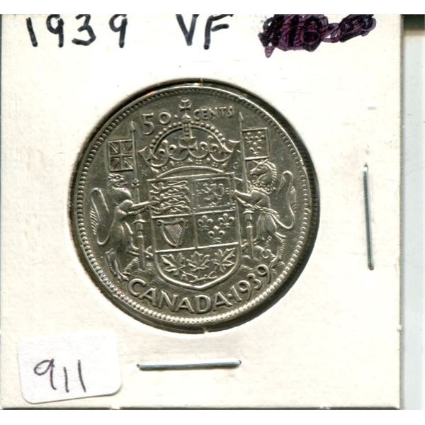 1939 Canadian Silver 50 Cents. Key Date. Mintage of 287,976. First year of World War II. VF-20.