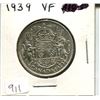 Image 1 : 1939 Canadian Silver 50 Cents. Key Date. Mintage of 287,976. First year of World War II. VF-20.