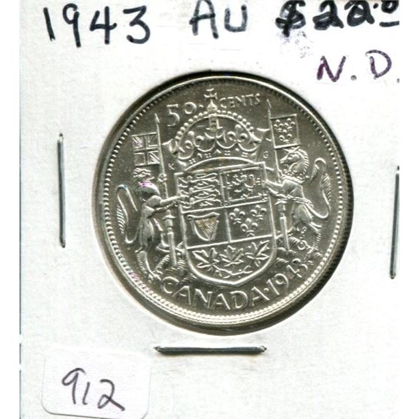 1943 Narrow Date Canadian Silver 50 Cents. AU-50. Nice.