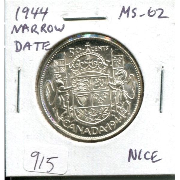 1944 Narrow Date Canadian Silver 50 Cents. World War II issue. MS-62. Nice.