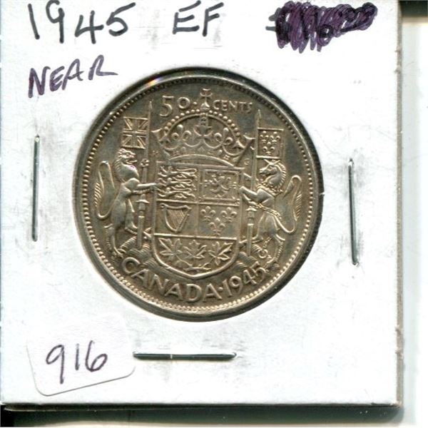 1945 Near 5 Canadian Silver 50 Cents. Last year of World War II. EF-40. Nice.