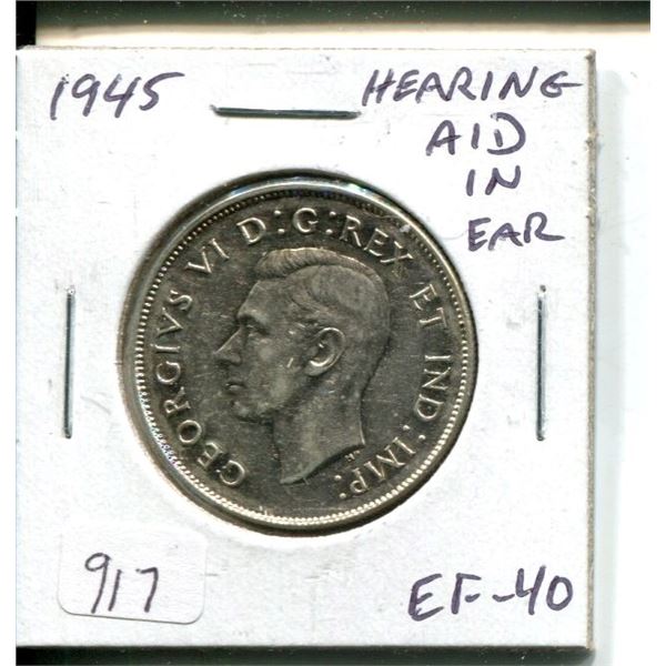 1945 Hearing Aid in Ear Canadian Silver 50 Cents. From a Die Clash. EF-40. Scarce. Nice.