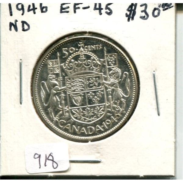 1946 Narrow Date Canadian Silver 50 Cents. EF-45. Nice.