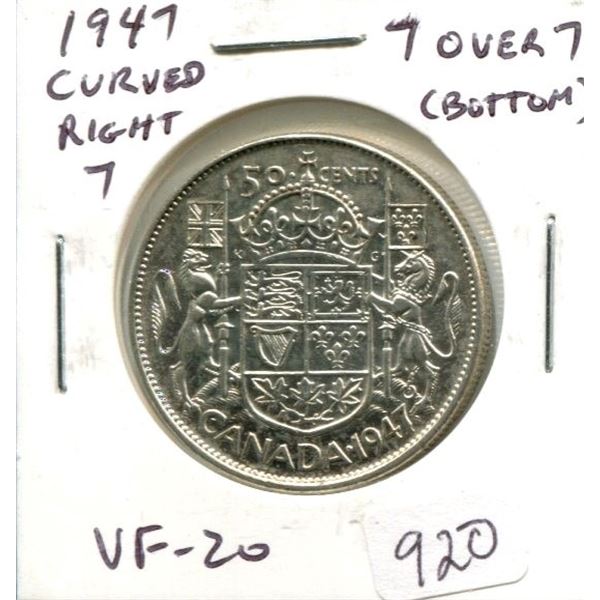 1947 Curved Right 7 with 7 Over 7 Canadian Silver 50 Cents. Scarce. VF-20.