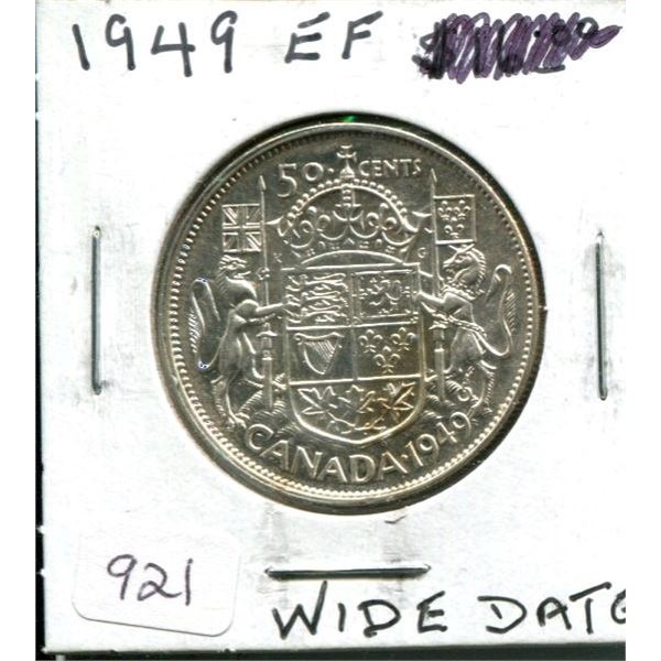 1949 Wide Date Canadian Silver 50 Cents. EF-40. Nice.