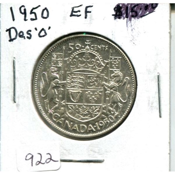 1950 Design in Zero Canadian Silver 50 Cents. EF-40. Nice.