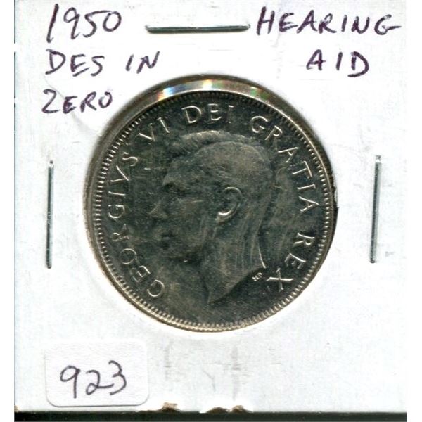 1950 Design in Zero Hearing Aid in Ear Canadian Silver 50 Cents. Die Clash. Scarce. EF-40. Nice.