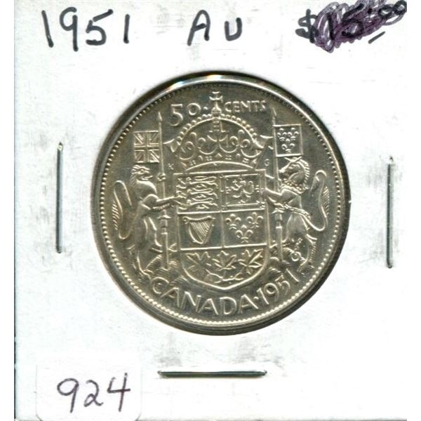 1951 Canadian Silver 50 Cents. AU-50. Nice.