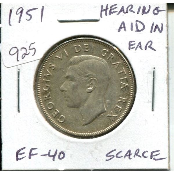 1951 Canadian Silver 50 Cents with Hearing Aid in Ear. Die Clash. Scarce. EF-40. Nice.