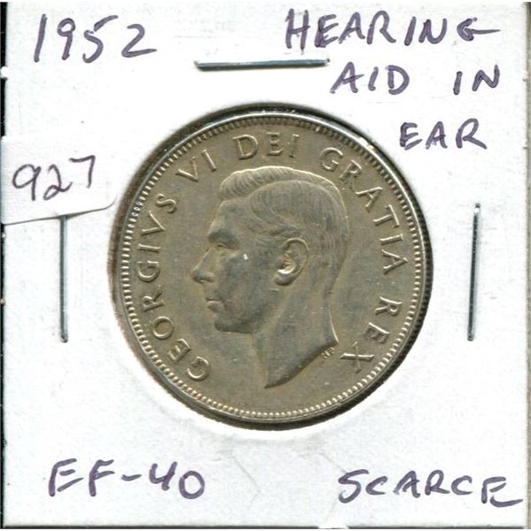 1952 Canadian Silver 50 Cents with Hearing Aid in Ear. Die Clash. Scarce. EF-40. Nice.