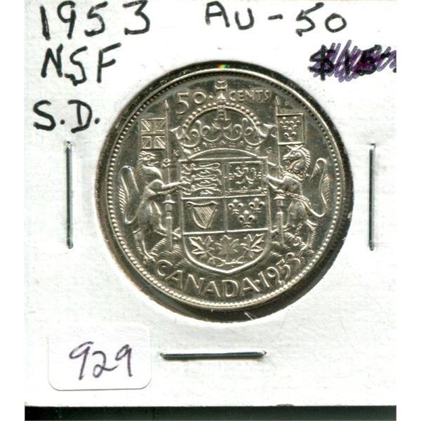 1953 Small Date No Shoulder Fold Canadian Silver 50 cents. AU-50. Nice.