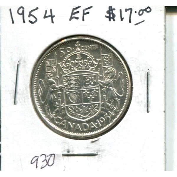 1954 Canadian Silver 50 Cents. EF-40. Nice.