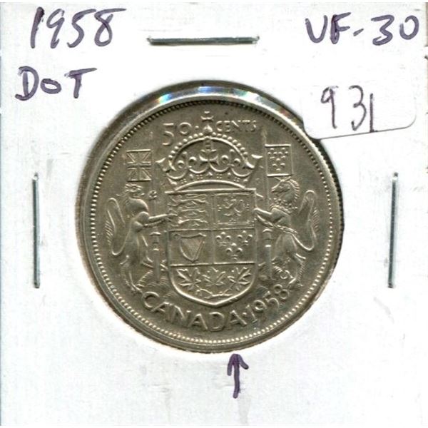 1958 Dot Canadian Silver 50 Cents. Scarce. VF-30.