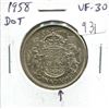 Image 1 : 1958 Dot Canadian Silver 50 Cents. Scarce. VF-30.
