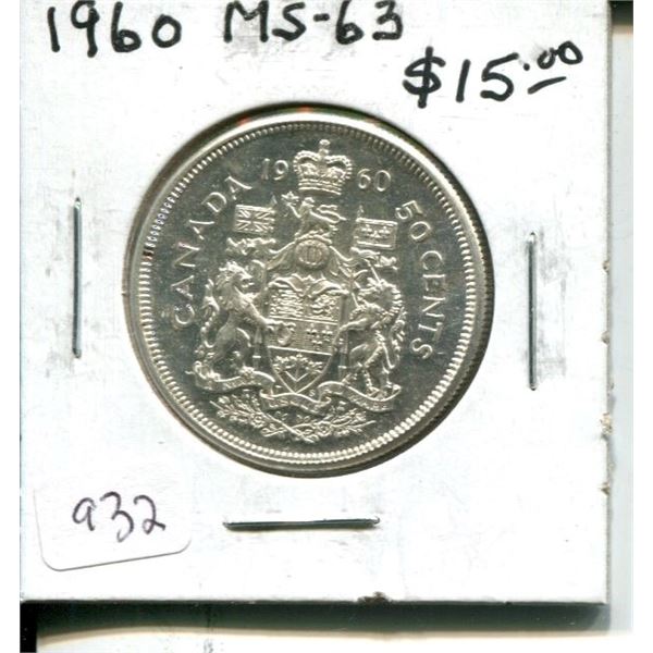 1960 Canadian Silver 50 Cents. MS-63. Nice.