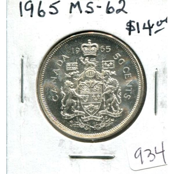 1965 Canadian Silver 50 Cents. MS-62. Nice.