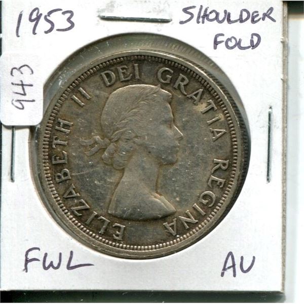 1953 Shoulder Fold Silver Dollar. Full Water Lines. AU-50.