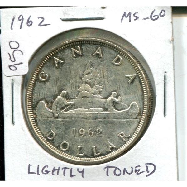 1962 Canadian Silver Dollar. MS-60. Lightly Toned.