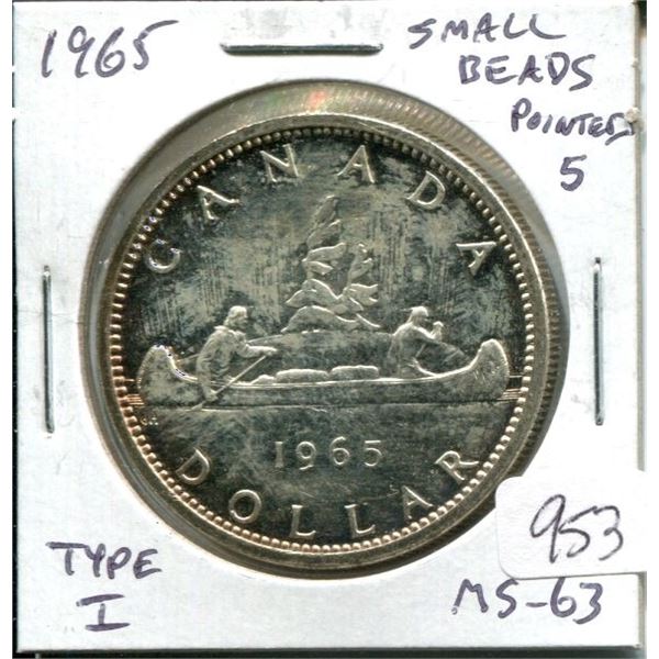 1965 Small Beads Pointed 5 Canadian Silver Dollar. Type I. MS-63. Nice.