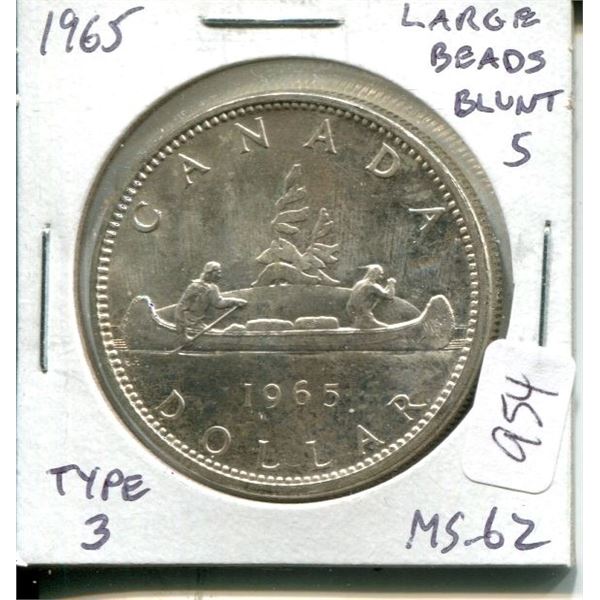 1965 Large Beads Blunt 5 Canadian Silver Dollar. Type 3. MS-62. Nice.