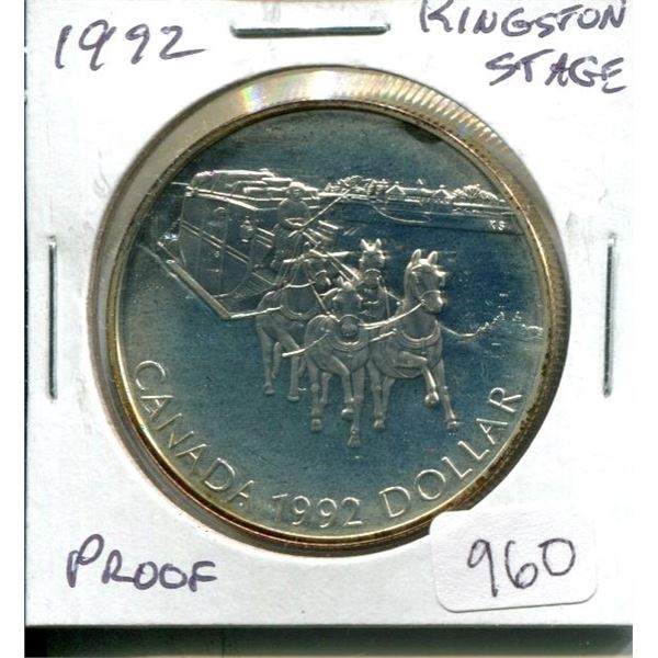 1992 Proof Kingston Stagecoach Silver Dollar. Commemorates the 175th Anniversary of the first stagec