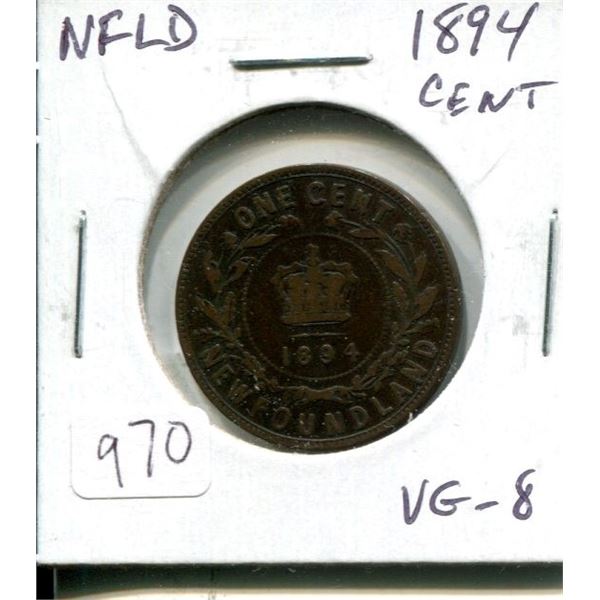 Newfoundland. 1894 Victorian Large Cent. Mintage of 200,000. VG-8.