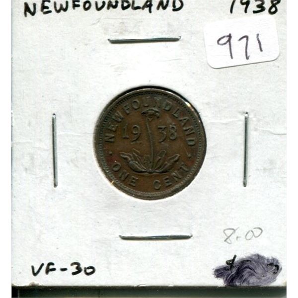Newfoundland. 1938 Small Cent. Mintage of 500,000. VF-30. Nice.