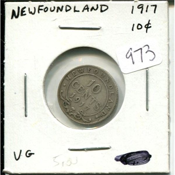 Newfoundland. 1917c Silver 10 Cents. Minted in Ottawa because of World War I. VG-8.