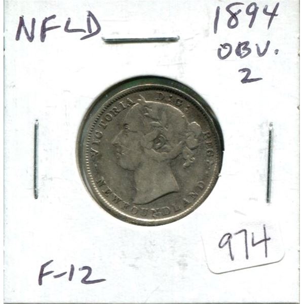 Newfoundland. 1894 Victorian Silver 20 Cents. Obverse 2. F-12.