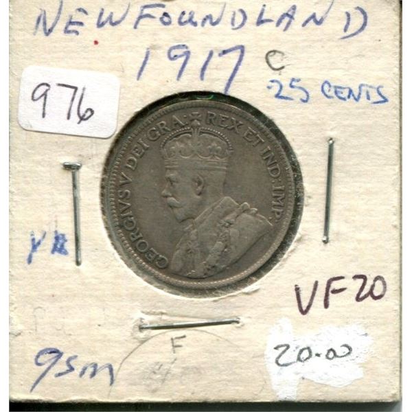 Newfoundland. 1917c Silver 25 Cents. Minted in Ottawa because of World War I. The first of only 2 Si