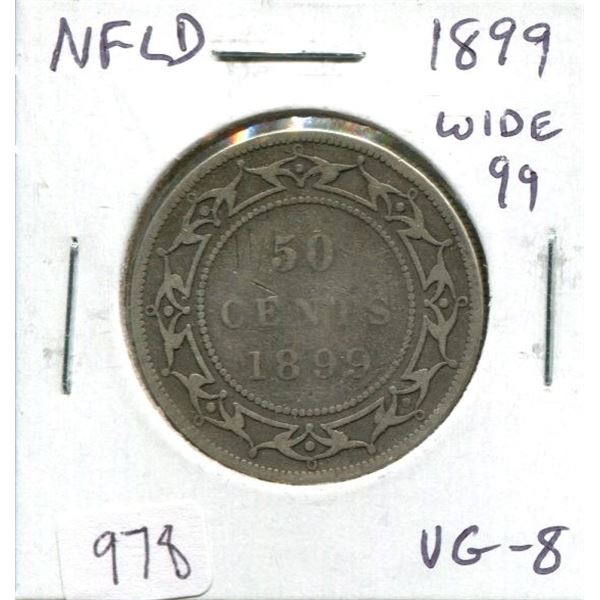 Newfoundland. 1899 Wide 99 Victorian Silver 50 Cents. The scarcer of the 2 varieties. VG-8.