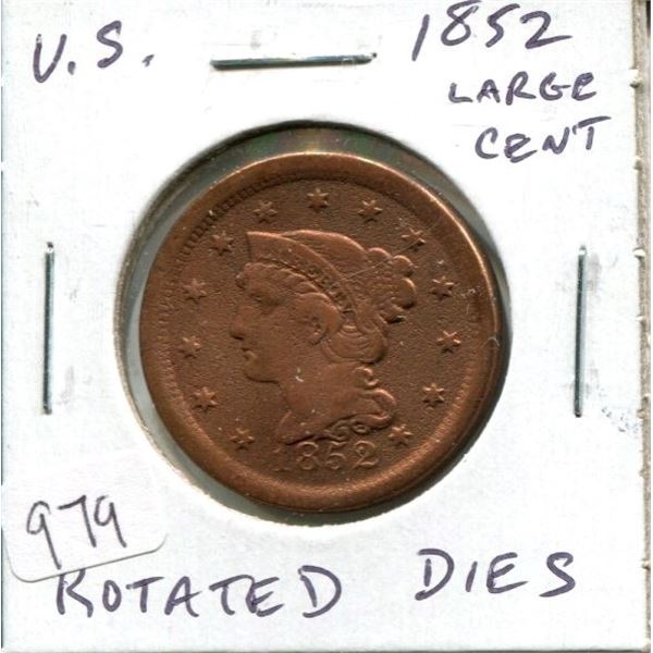 U.S. 1852 Matron Head Large Cent. VG-8. Severely Rotated Dies. Cleaned.