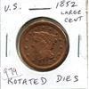 Image 1 : U.S. 1852 Matron Head Large Cent. VG-8. Severely Rotated Dies. Cleaned.
