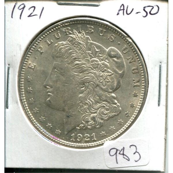 U.S. 1921 Morgan Silver Dollar. AU-50. Nice.