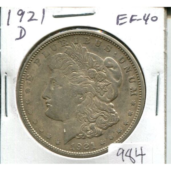 U.S. 1921D Morgan Silver Dollar. EF-40. Nice.