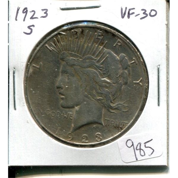 U.S. 1923S Peace Silver Dollar. VF-30.