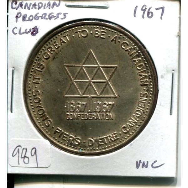 1967 Canadian Progress Club medal. Celebrates Canadian Confederation. Uncirculated.