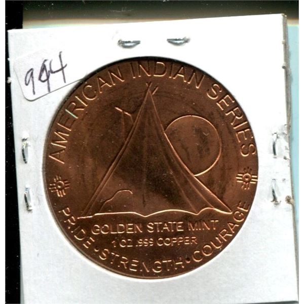 Golden State Mint 1 ounce pure .999 copper round. Indian Chief. BU Red. Nice.