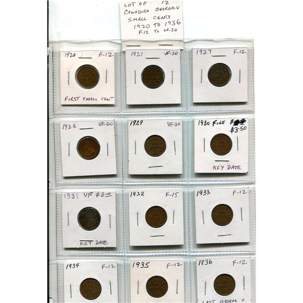 Lot of 12 Canadian George V Small Cents. Includes 1920, 1921, 1927, 1928, 1929, 1930, 1931, 1932, 19