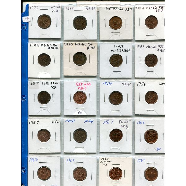 Lot of 20 Uncirculated Canadian Small Cents 1937 to 1967. Includes 1937, 1938, 1940, 1943, 1944, 194