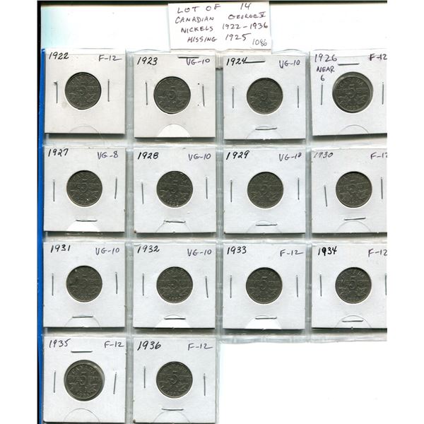 Lot of 14 Canadian George V Nickels 1922 – 1936. Includes 1922, 1923, 1924, 1926 Near 6, 1927, 1928,