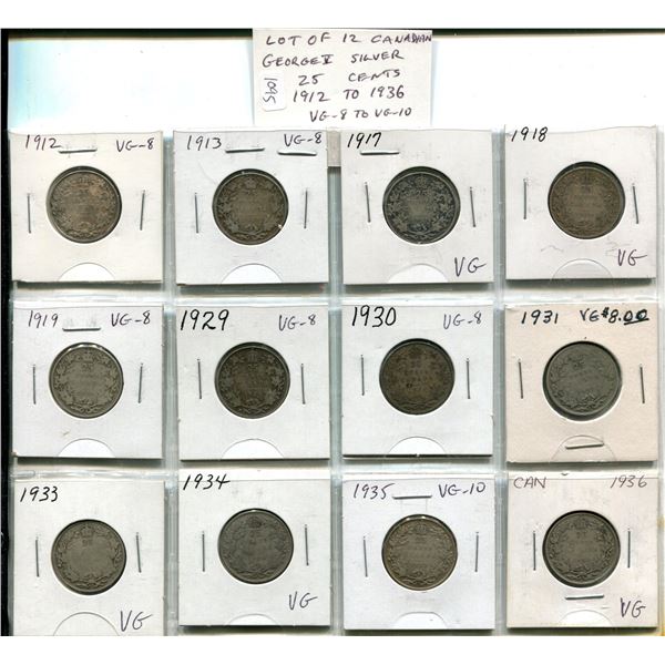 Lot of 12 Canadian George V Silver 25 Cents. Includes 1912, 1913, 1917, 1918, 1919, 1929, 1930, 1931