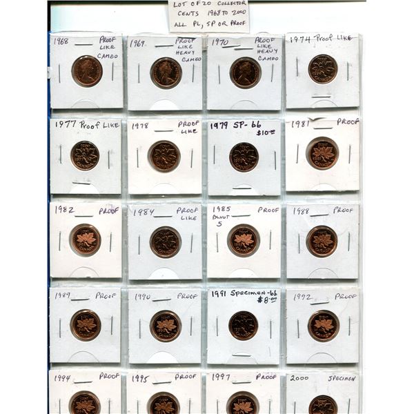 Lot of 20 Collector Small Cents 1968 to 2000. Includes 1968, 1969, 1970, 1974, 1977, 1978, 1979, 198