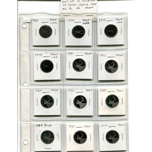 Lot of 12 Collector 25 Cents 1968 to 1994. Includes 1968, 1974, 1977, 1979, 1981, 1982, 1984, 1986,